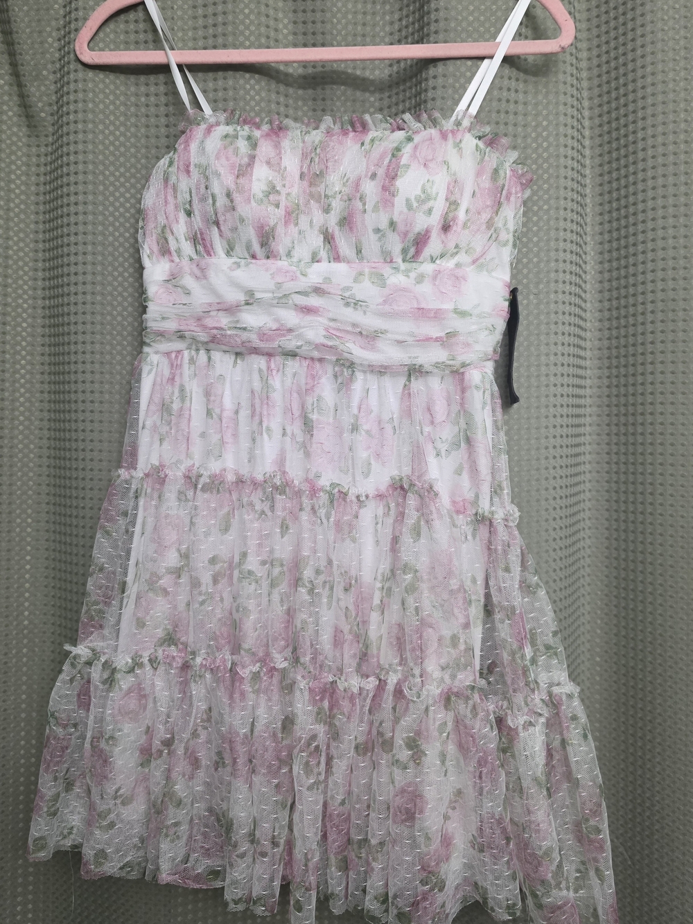 Floral Pink Tiered Mini Dress with Spaghetti Straps